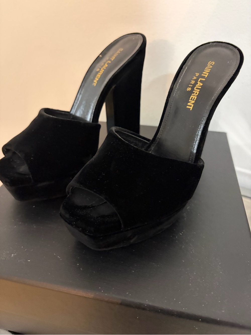 Saint Laurent Black Velvet Platform Mules